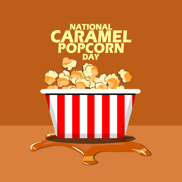 Graphic artwork of a popcorn bucket containing caramel popcorn and the headline reading "National Caramel Popcorn Day."