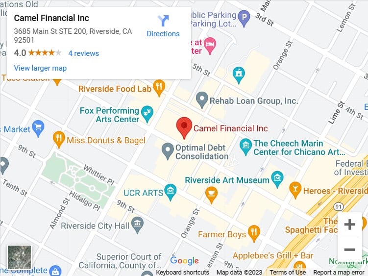 Google map application detailing Camel Financial location on online map.