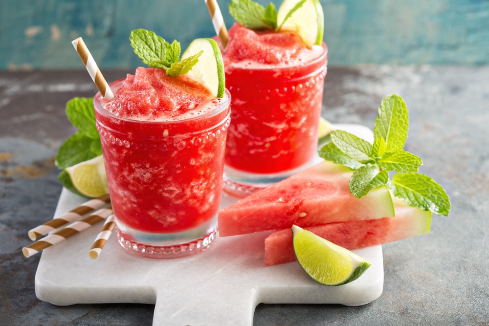 Frozen blended watermelon mezcal margarita.