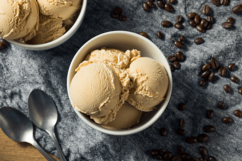 Homemade coffee ice cream served in a bowl.