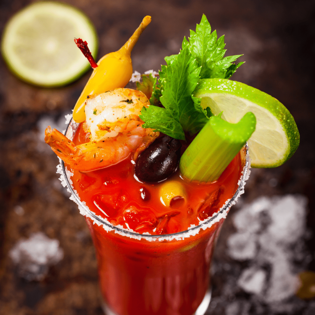 Bloody Mary Drink served with various garnishes.