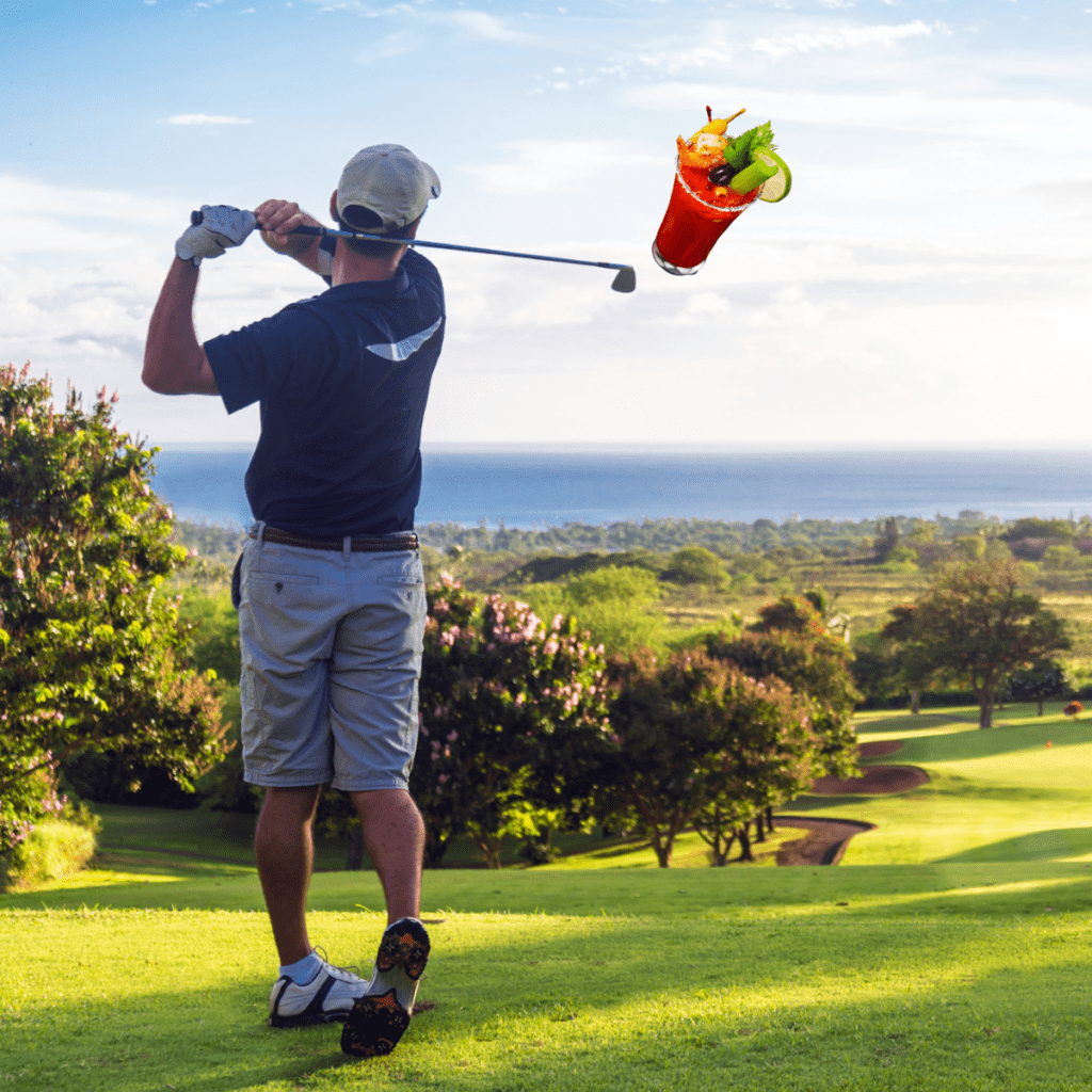 Golfer swinging a Bloody Mary drink into the air.