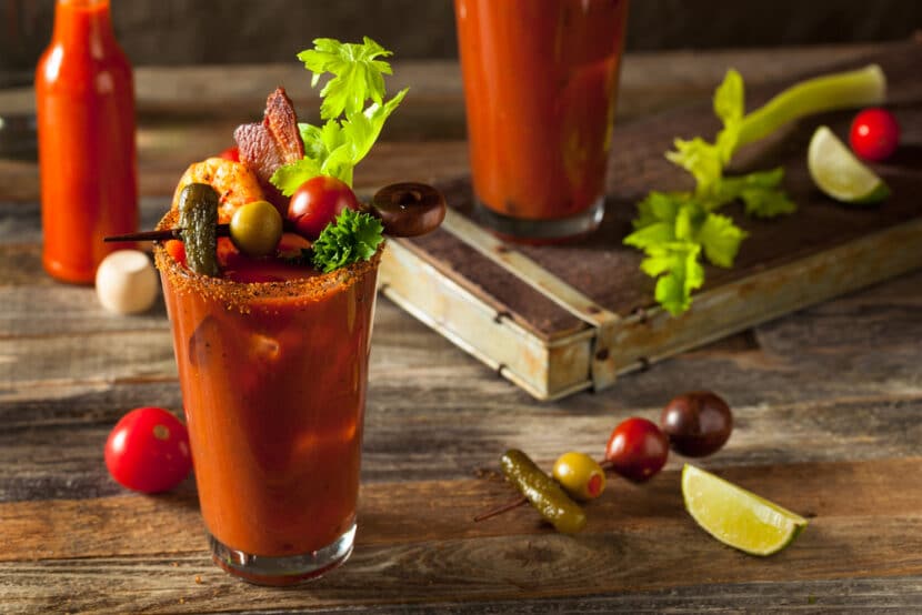Bloody Mary drink served with lots of garnishes.