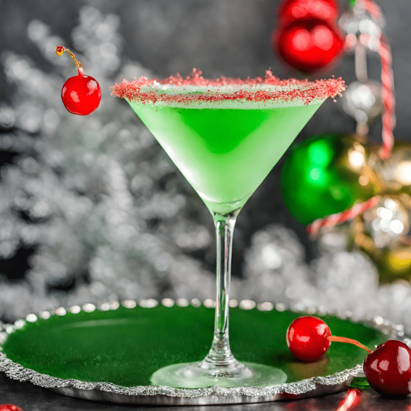 Grinch themed martini made with green apple liqueur and garnished with cranberries.